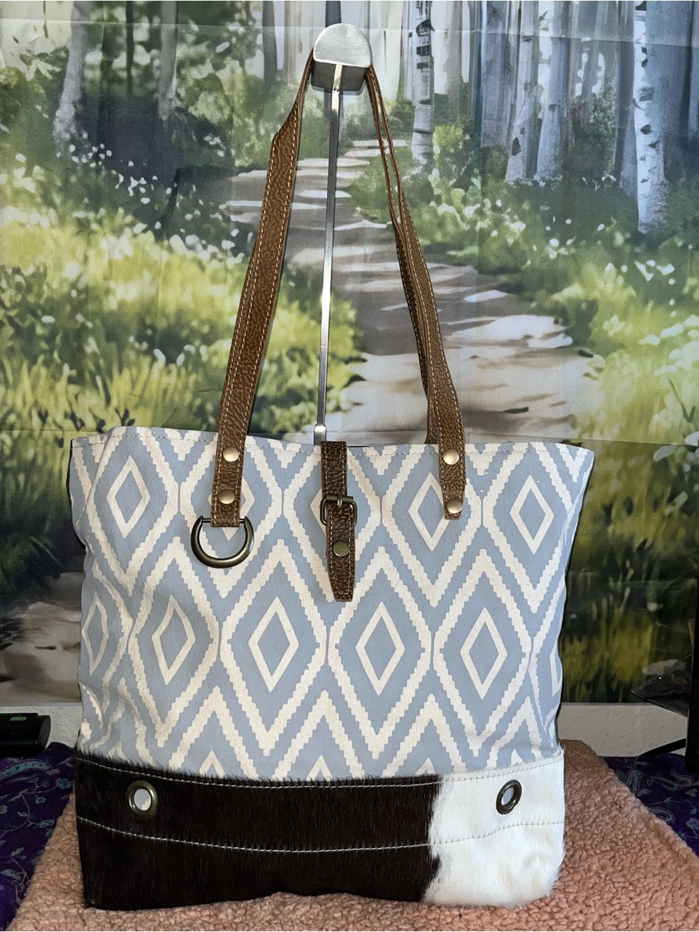 Myra Bag Vacation Upcycled  Canvas Cowhide Tote